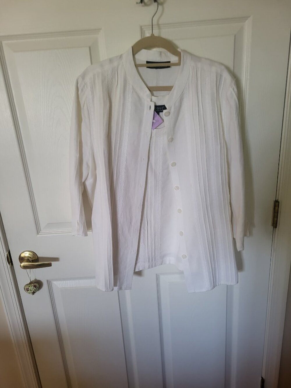 Dialogue 2-Piece Linen Blend Tank & Pintuck Blouse Set White L - Picture 2 of 6